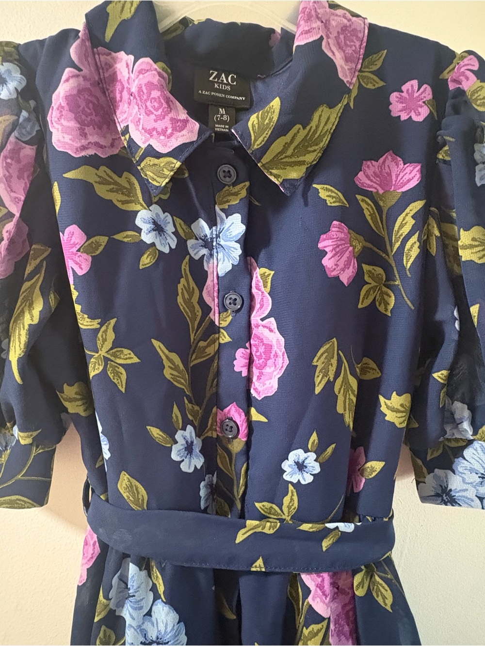 Zac Posen Navy Floral Midi Dress with Pink and Light Blue Blooms - Picture 2 of 8